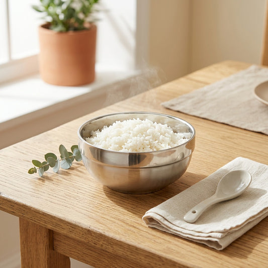 Warmrim™ Stainless Steel Rice Bowl in a calm home setting