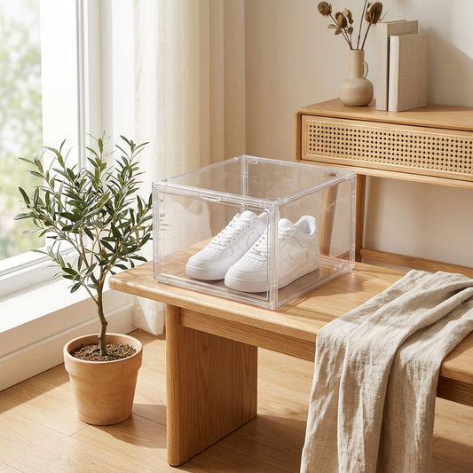 Clearpane™ Transparent PET Shoe Storage Box in a calm home setting
