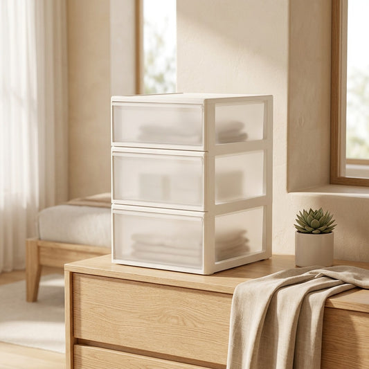 Frostkeep™ Frosted Plastic Drawer Storage Organizer in a calm home setting