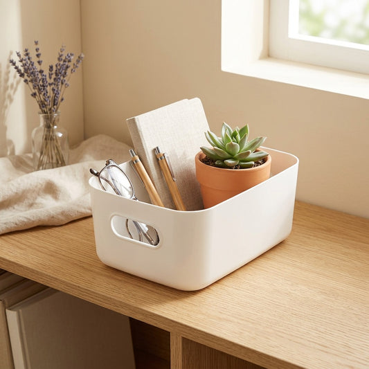 Deskstow™ Plastic Desktop Storage Box for Home Organisation in a calm home setting
