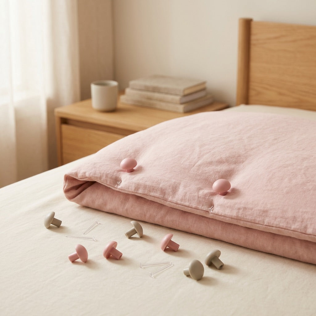 Quiltlock™ Plastic Mushroom Head Bed Sheet Fastener, styled close view