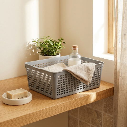 Stackweave™ Stackable Plastic Rattan Storage Basket in a calm home setting
