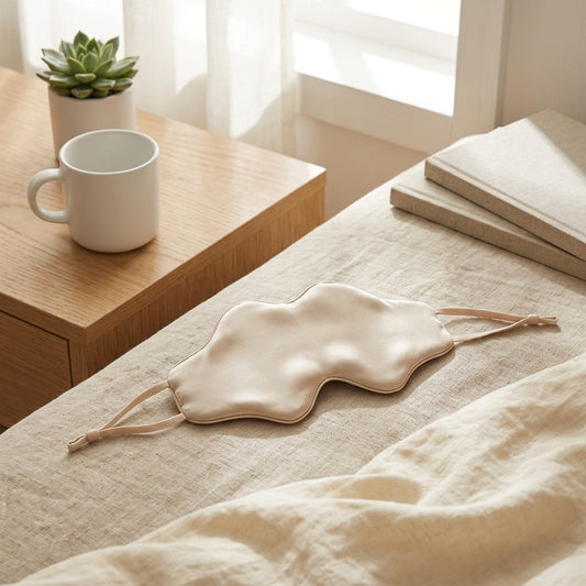 Somnveil™ Mulberry Silk Eye Mask in a calm home setting