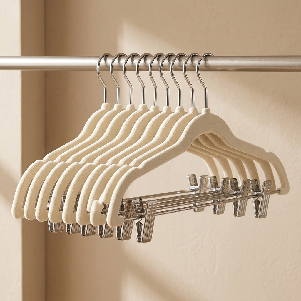 Velvetgrip™ Non-Slip Velvet Clothes Hangers with Clips, material and detail close-up