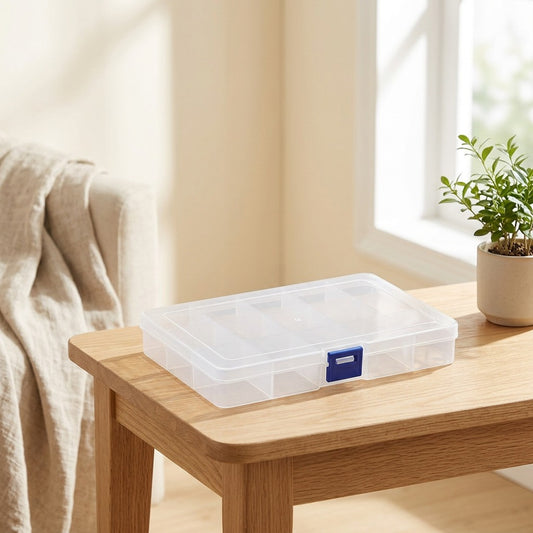 Cleargrid™ Transparent Plastic Parts Storage Box with Grids in a calm home setting