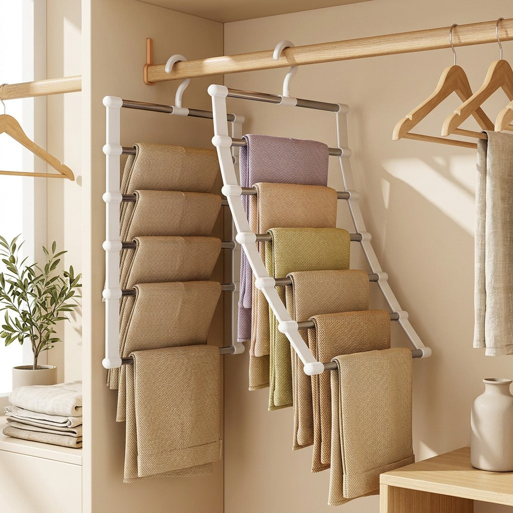 Panthaven™ Stainless Steel Pants Rack in a calm home setting