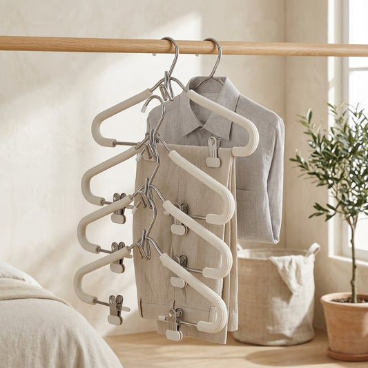 Stackclip™ Non-Slip Stackable Clothes Hangers with Clips in a calm home setting
