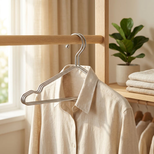 Steelform™ Stainless Steel Clothes Hanger in a calm home setting