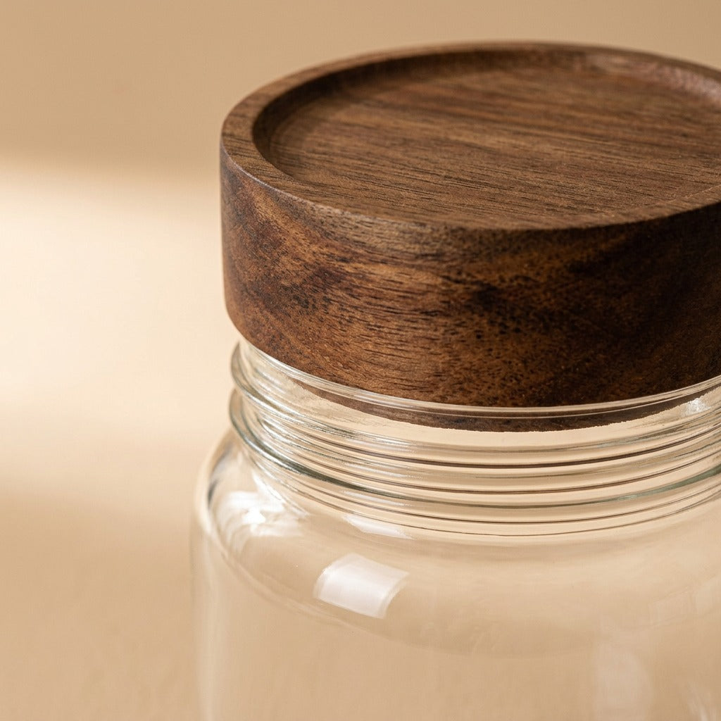 Acajar™ Glass Honey Jar with Acacia Wood Lid, material and detail close-up