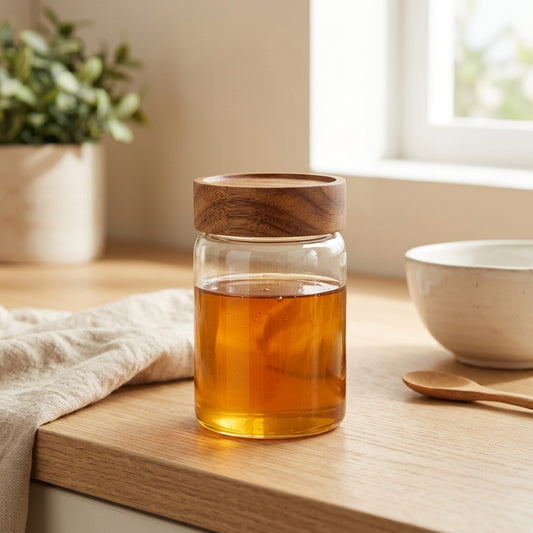 Acajar™ Glass Honey Jar with Acacia Wood Lid in a calm home setting