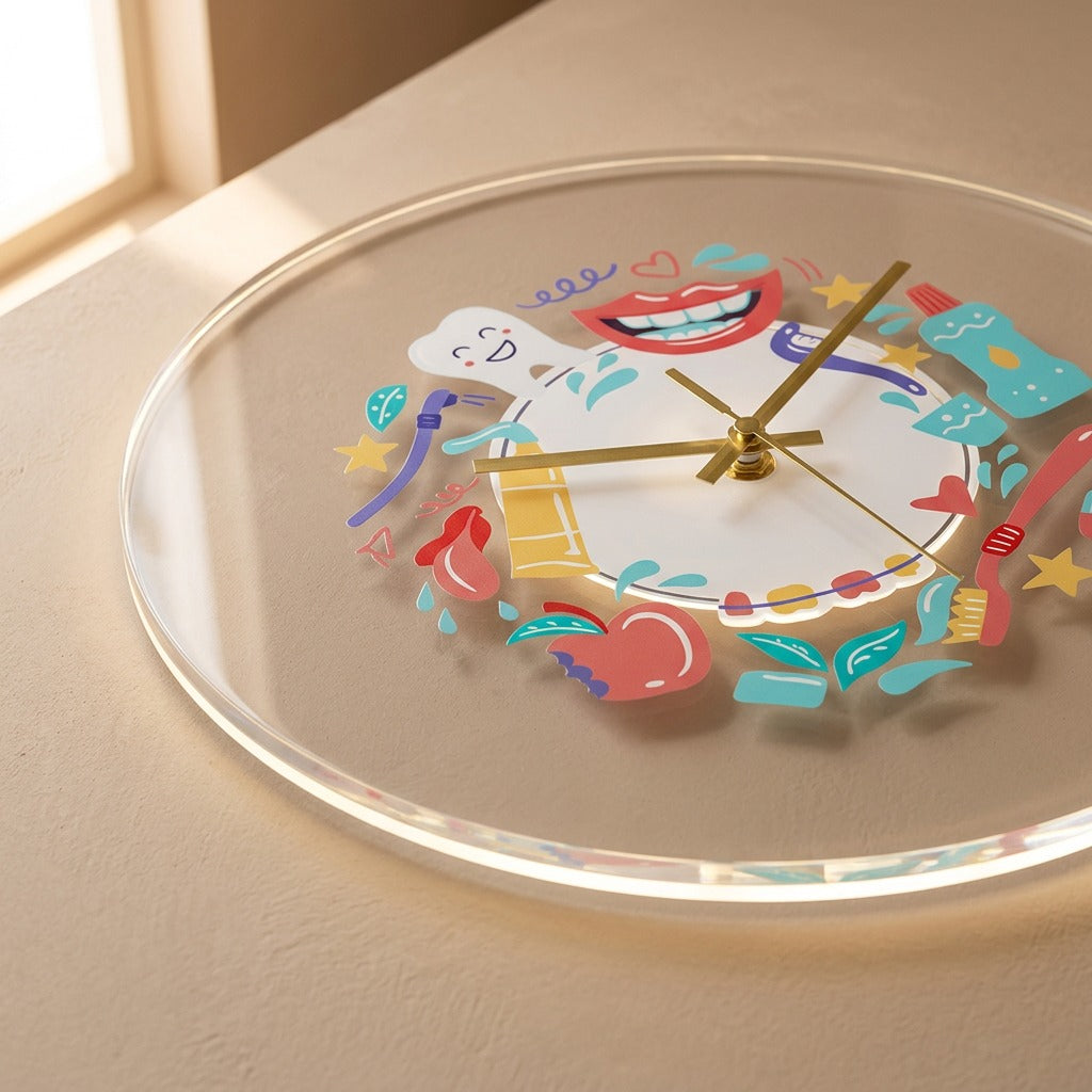Molarglow™ LED Acrylic Tooth Wall Clock, material and detail close-up