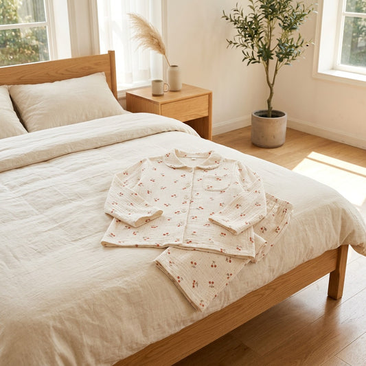 Gauzeloft™ Pure Cotton Double-Layer Gauze Pajama Set in a calm home setting