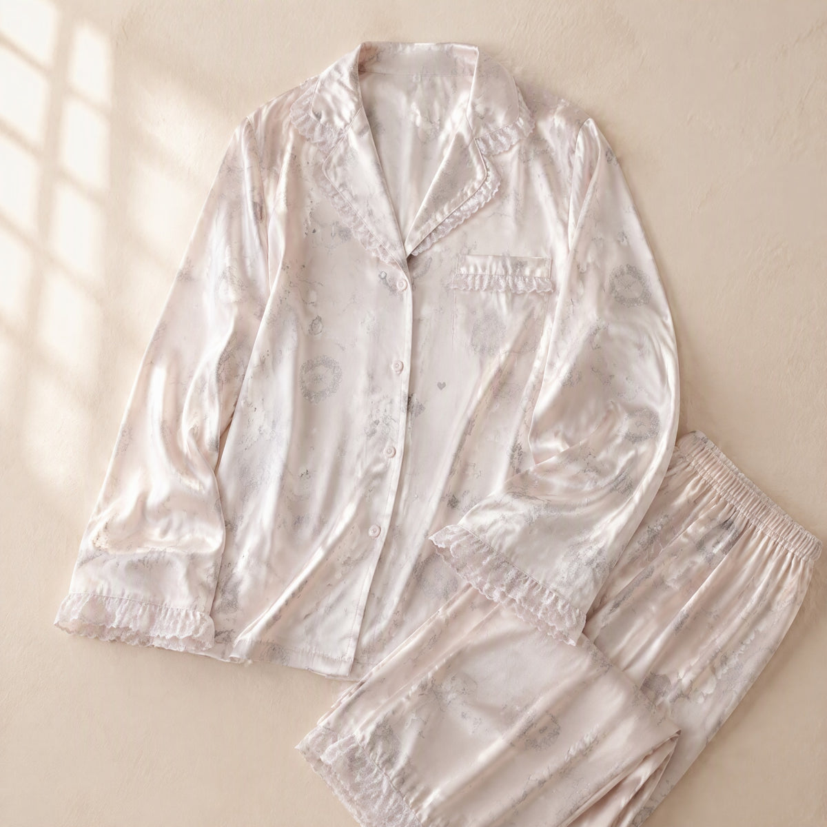 Lapelle™ Long Sleeve Ice Silk Pajama Set, material and detail close-up