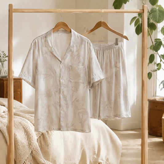 Nightsail™ Ice Silk Couple Pajama Set in a calm home setting