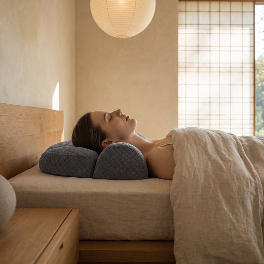 Back sleeper with her neck on the bolster of the Curve™ Cervical Relief Pillow