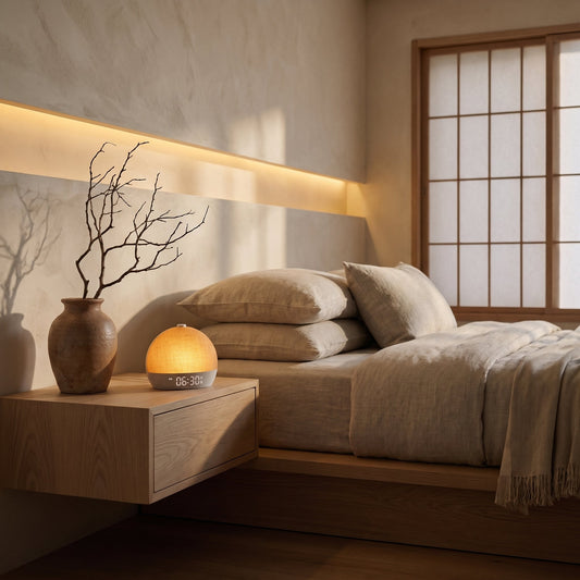 Dawn™ glowing on an oak nightstand in a warm Japandi bedroom at dusk
