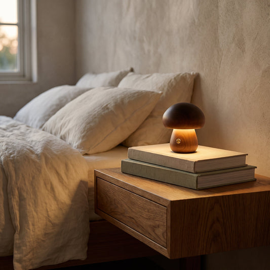 Petite Porcini™ Mushroom Lamp glowing on a stack of books in a warm Calm Eden-style bedroom