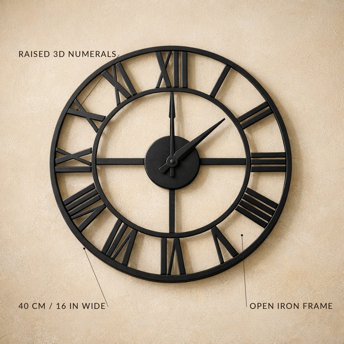 Forum wall clock detail callouts: raised 3D numerals, 40 cm across, open iron frame