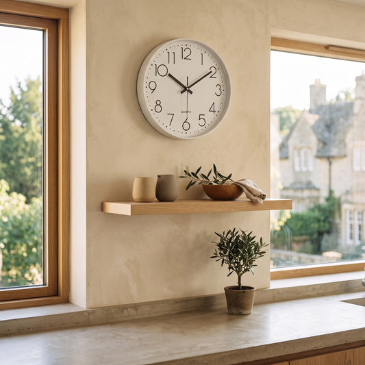 Hush Clock above an oak shelf in a warm minimal kitchen