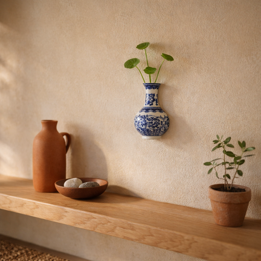 Indigo™ wall vase hung above a pale oak console with pennywort stems
