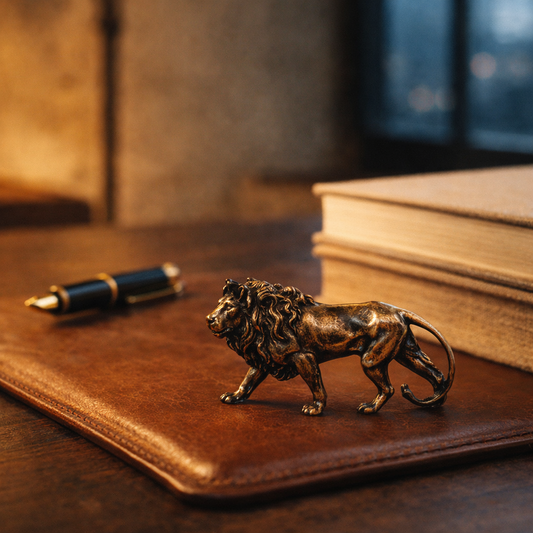 Leo™ Brass Lion standing on a cognac leather desk blotter beside a fountain pen at dusk