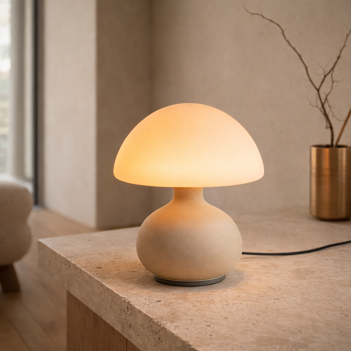 Morel™ Mushroom Lamp lit on a travertine console in a bright modern minimalist living room
