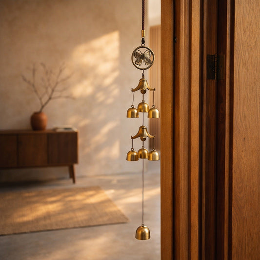 Peal chime hooked on the inside edge of a pale oak door frame in a warm Japandi entrance hall