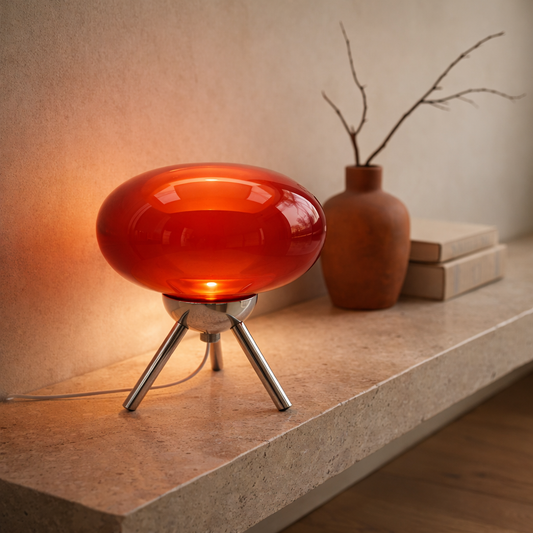 Ruby™ Glass Mushroom Lamp lit on a travertine console beside a terracotta vessel and stacked books in a modern minimalist room
