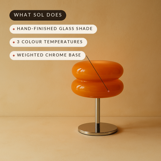 What Sol does — glass shade, three colour temperatures, chrome base