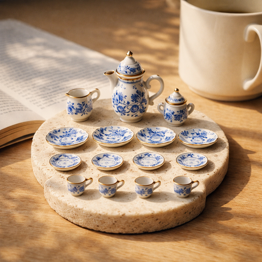 The 15-piece miniature tea service styled on a travertine plinth on a sunlit oak table, dwarfed by a full-size mug