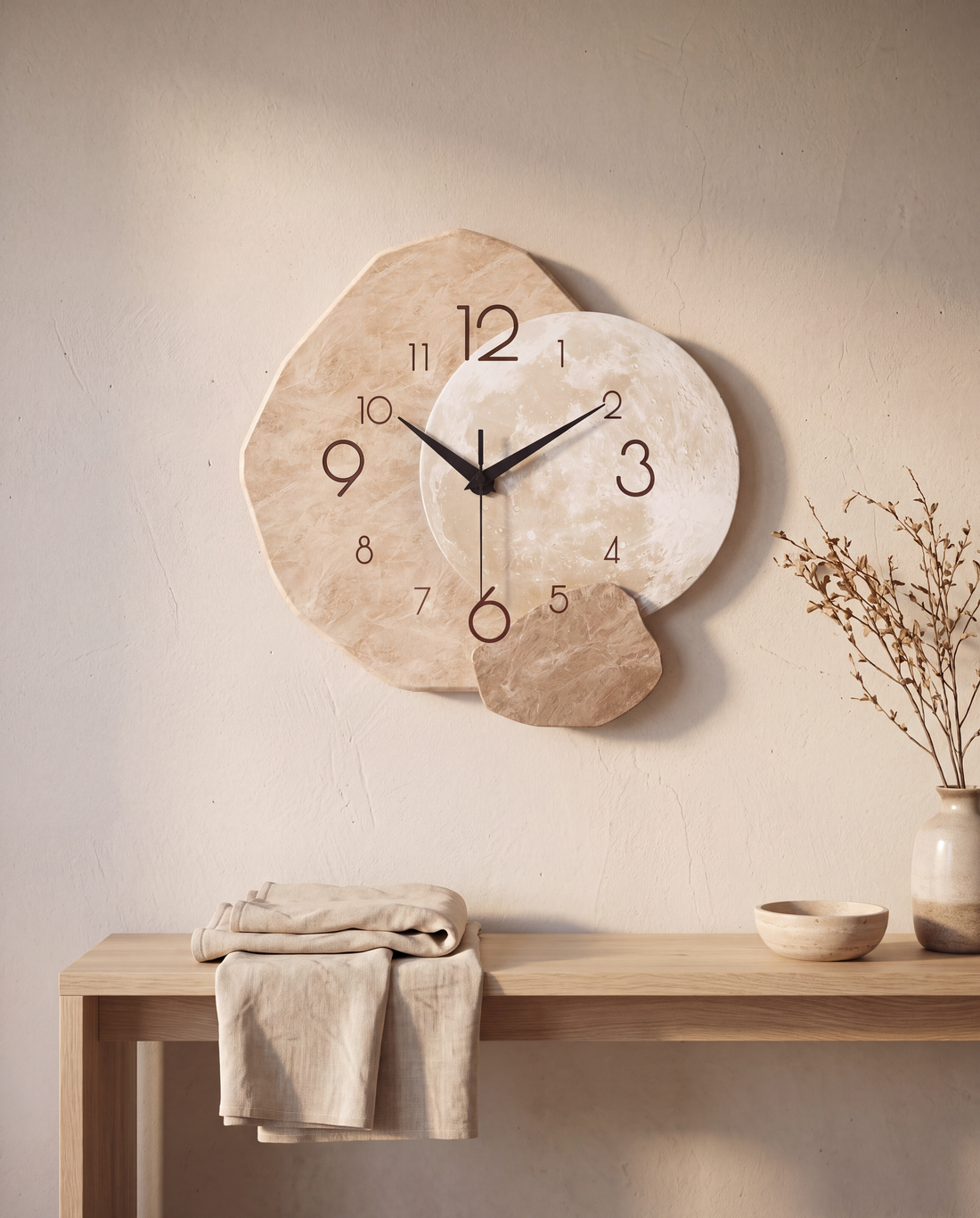 Alabaster Travertine Wall Clock in a Calm Eden lifestyle setting