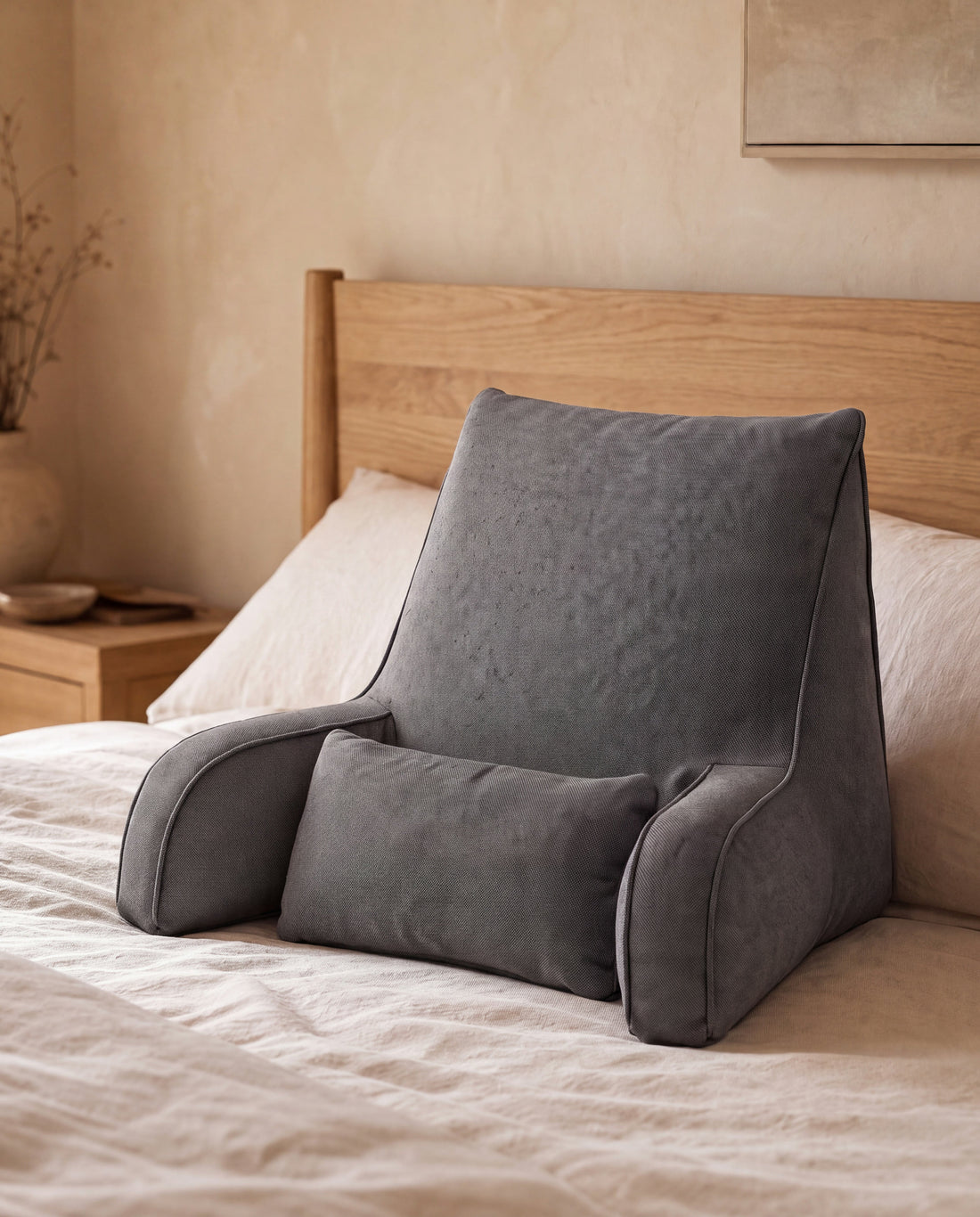 Alcove Bed Reading Pillow in a Calm Eden lifestyle setting