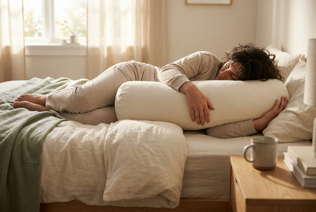 Side sleeper resting the lower arm forward and upper arm on a body pillow