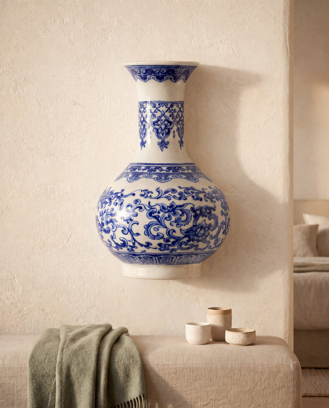 Azure Porcelain Wall Vase in a Calm Eden lifestyle setting