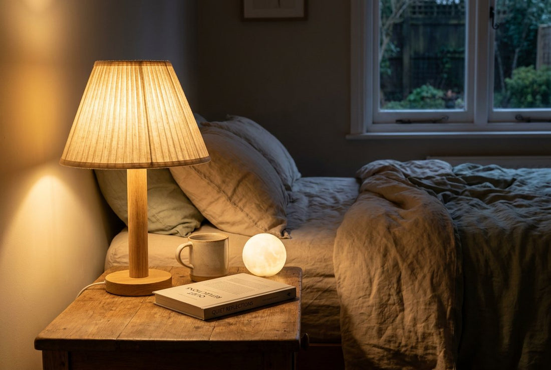 Warm linen-shade bedside lamp and small moon lamp glowing on a nightstand