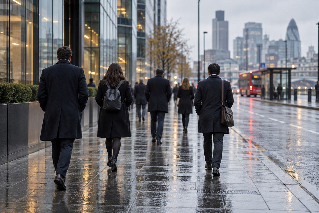 Commuters in dark overcoats walking along a wet city pavement on a grey morning, one with a backpack and one with a shoulder bag