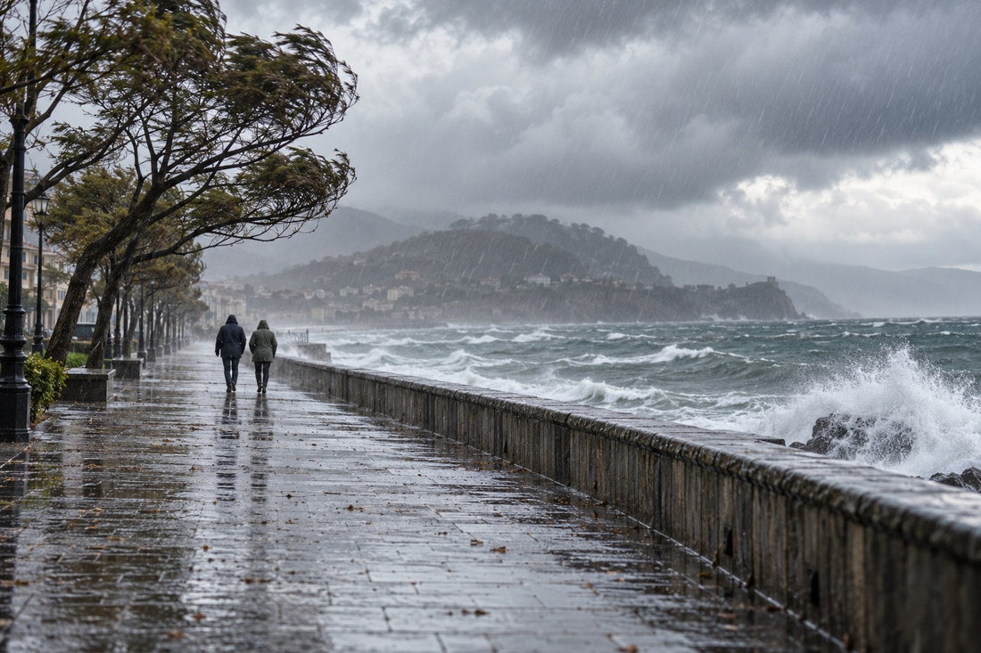 Windswept seaside promenade in heavy rain, trees bending in the gale and waves breaking on the sea wall, two walkers in the distance