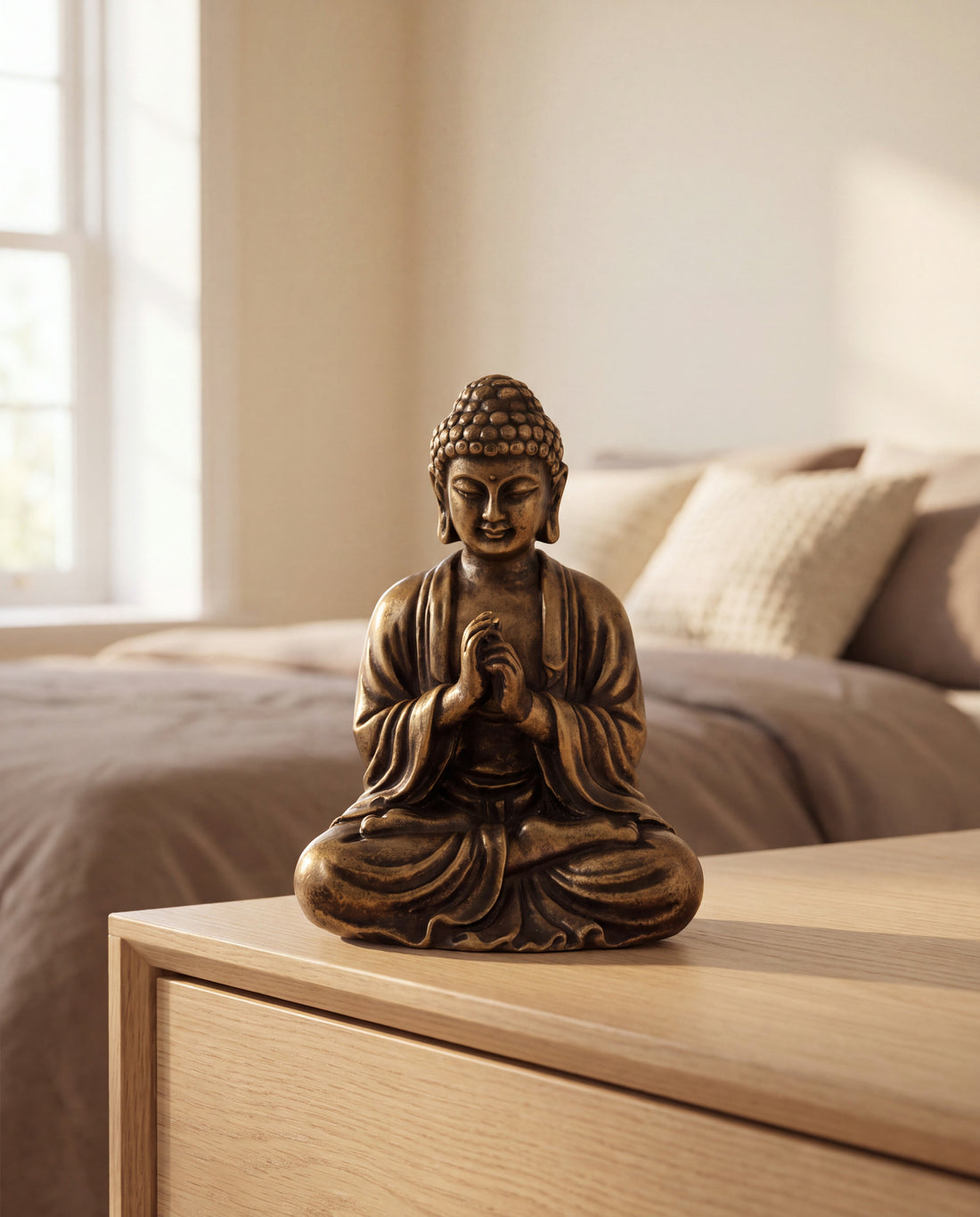 Bodhi Brass Buddha Statue in a Calm Eden lifestyle setting