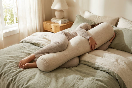 Side sleeper hugging a long body pillow between the arms and knees