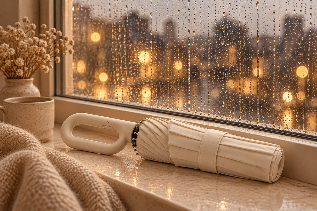Folded Haven Umbrella in Cream White on a limestone windowsill on a rainy evening, city lights blurred outside
