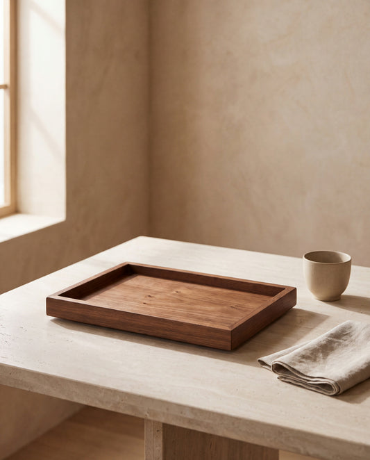 Burl Walnut Wood Serving Tray in a Calm Eden lifestyle setting