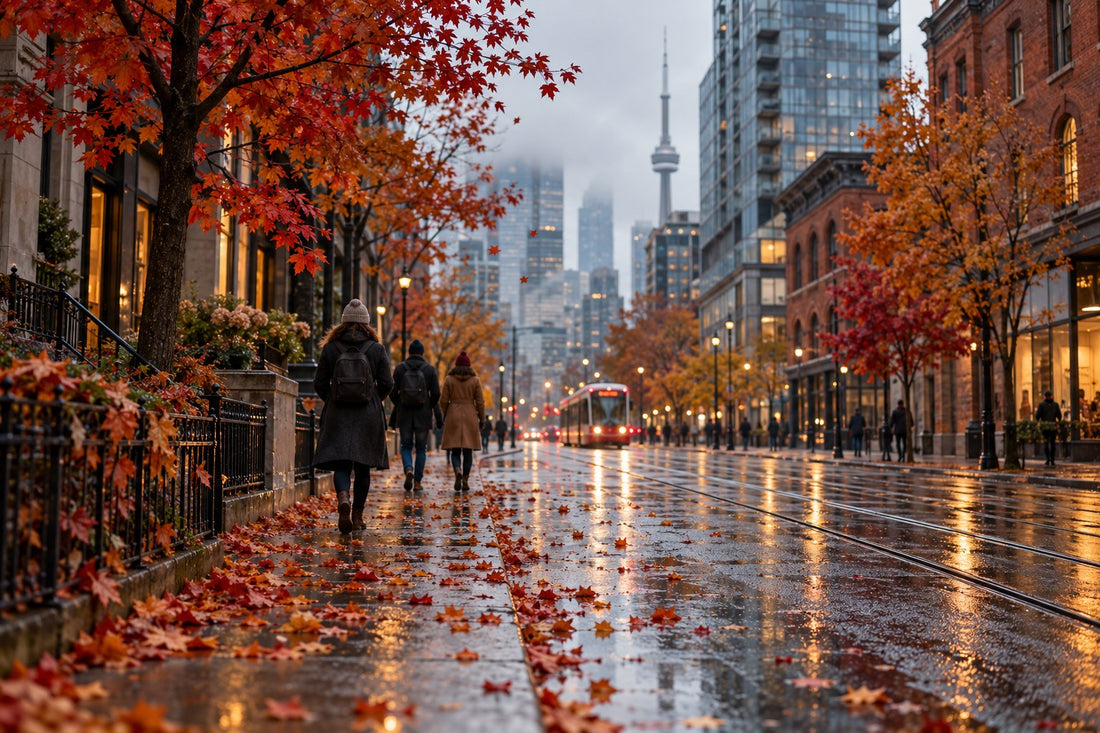 Rainy Canadian downtown street in late autumn with wet pavement, maple leaves and pedestrians in wool coats