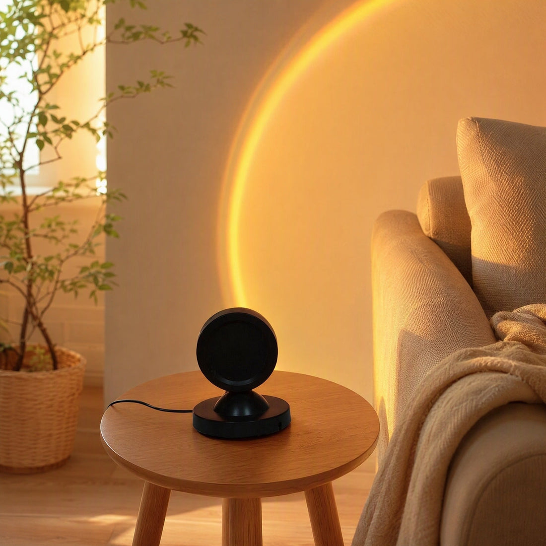 Compact black sunset projection lamp on a round side table casting a warm orange halo on a living-room wall