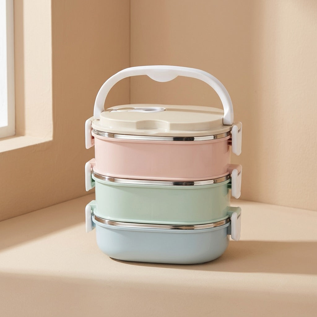 Mealhold multilayer lunch box with pastel tiers, metal rims and a white carry handle