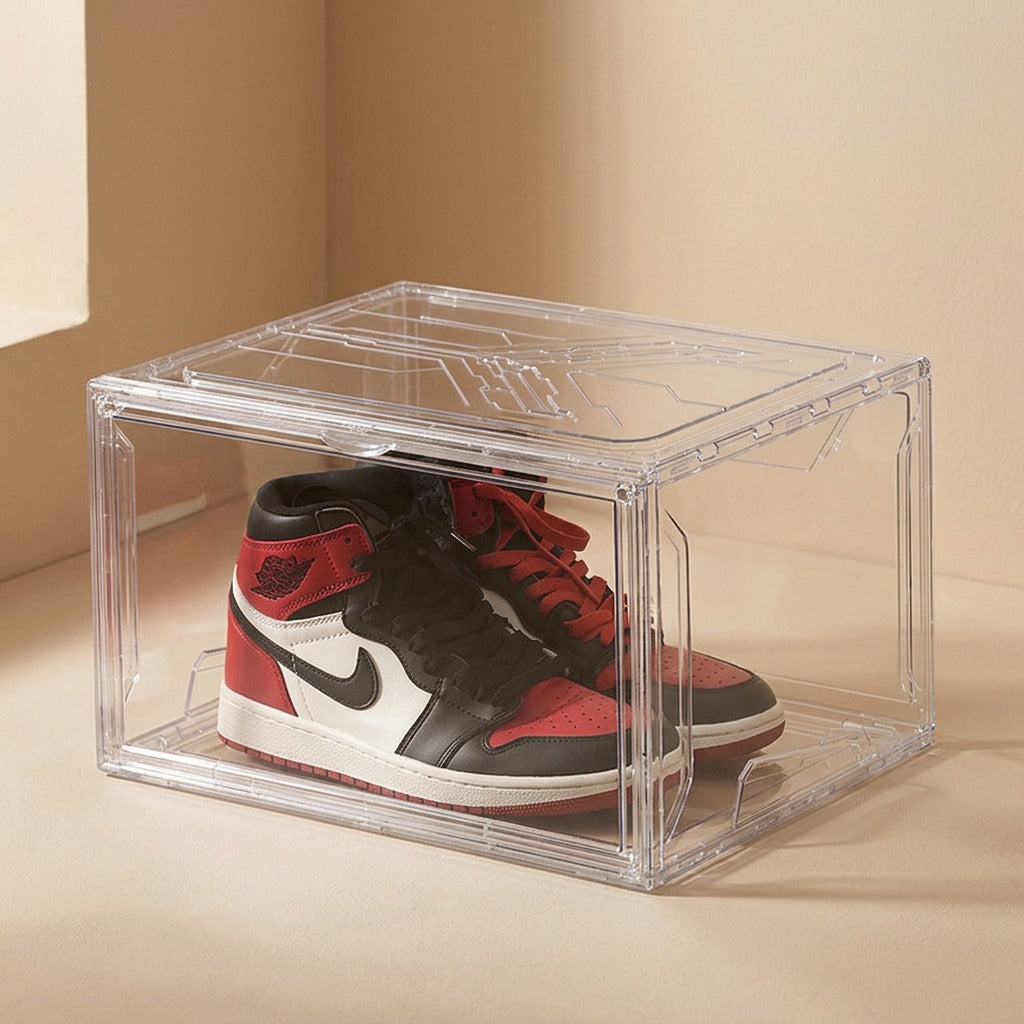 Clearsole transparent PET shoe box with a side door for visible shoe storage