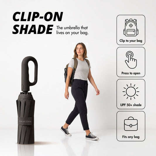 Woman walking with a Haven umbrella clipped to her bag, with icons: clip to your bag, press to open, UPF 50+ shade, fits any bag