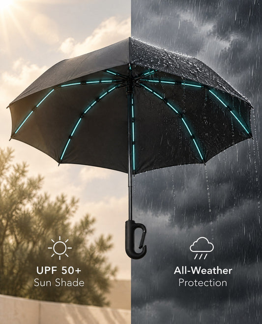 Haven umbrella half in sun, half in rain, with icons for UPF 50+ sun shade and all-weather protection