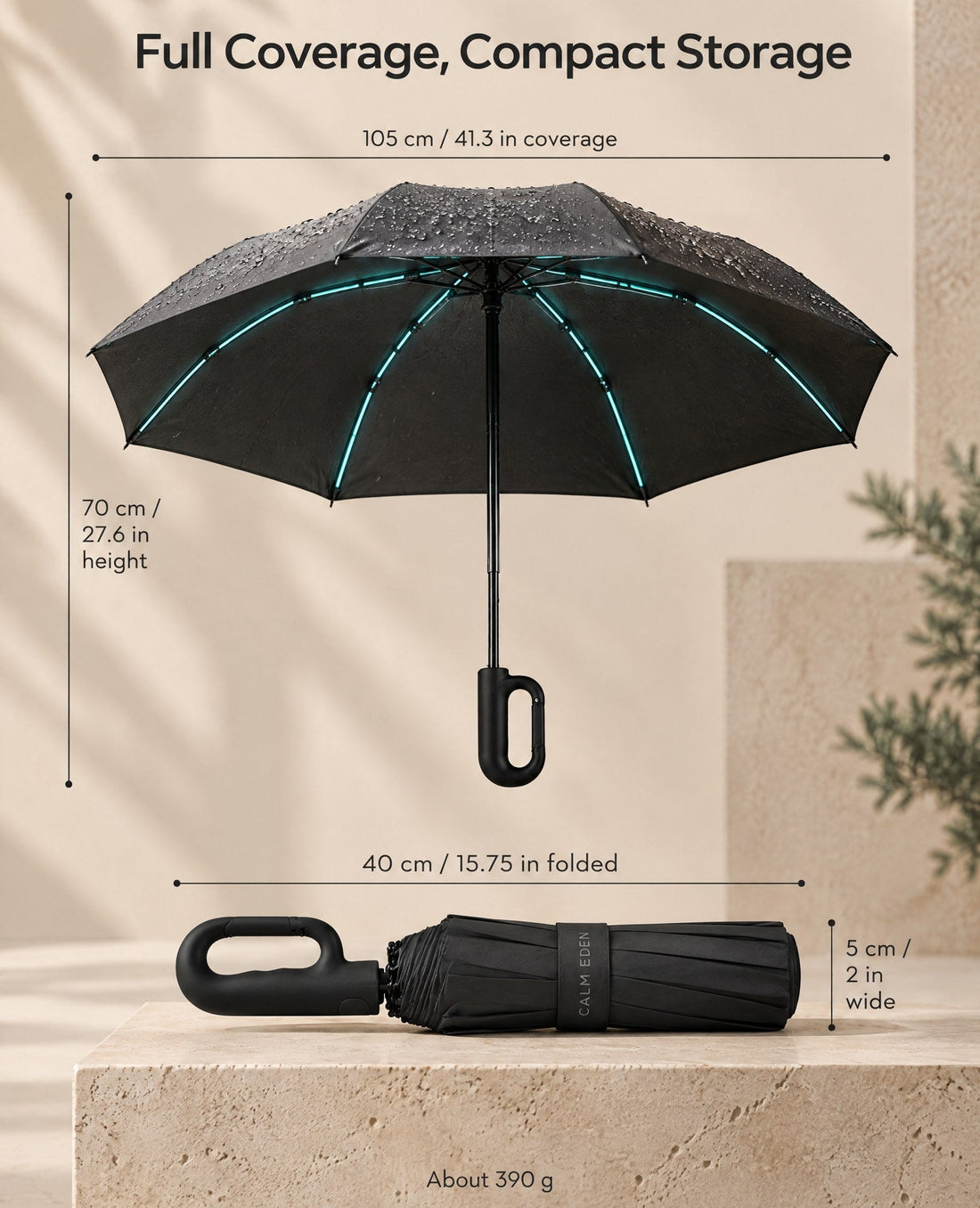 Haven compact umbrella size and dimensions, open and folded