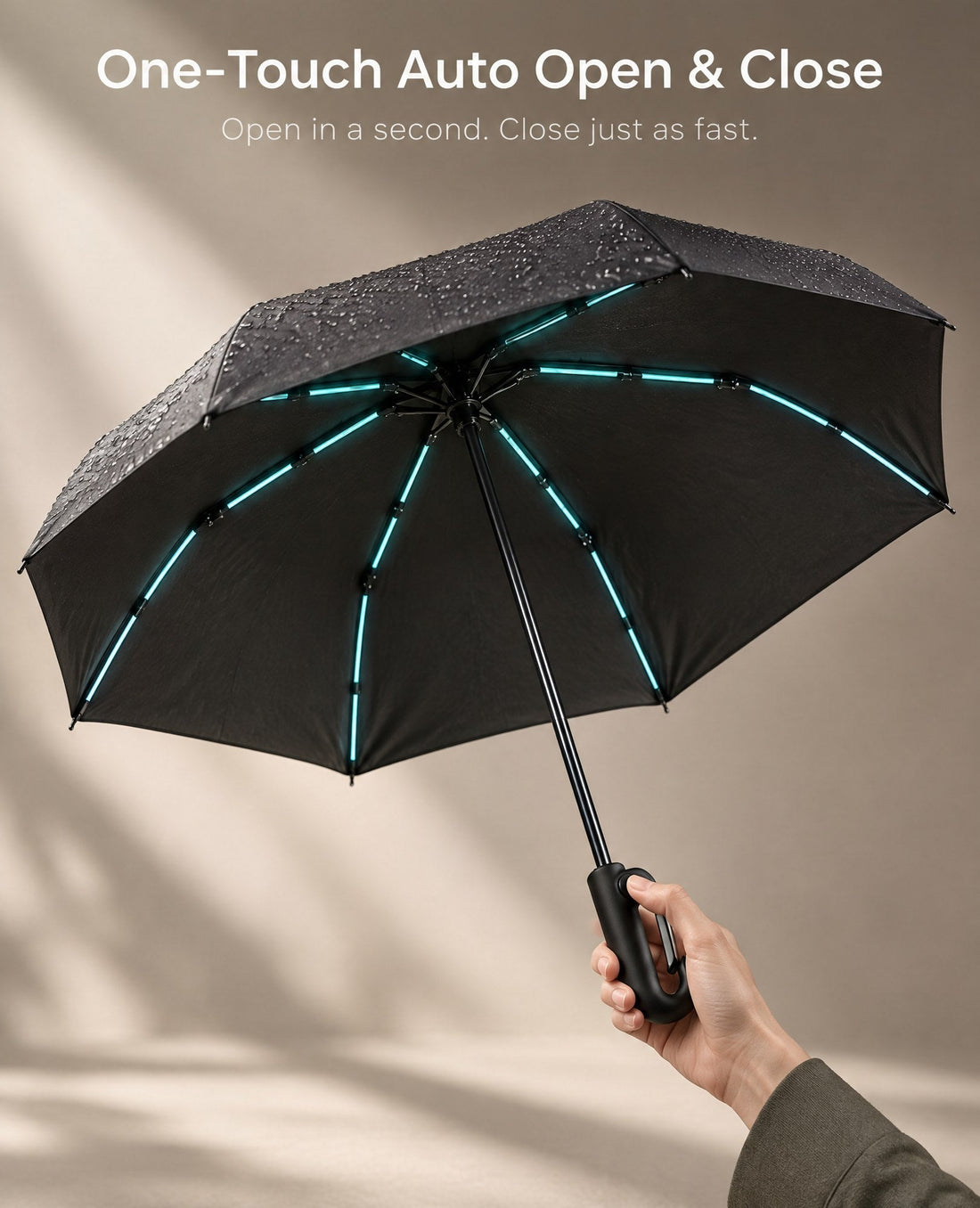 Parts of a compact automatic umbrella: canopy, ribs, shaft and push-button handle