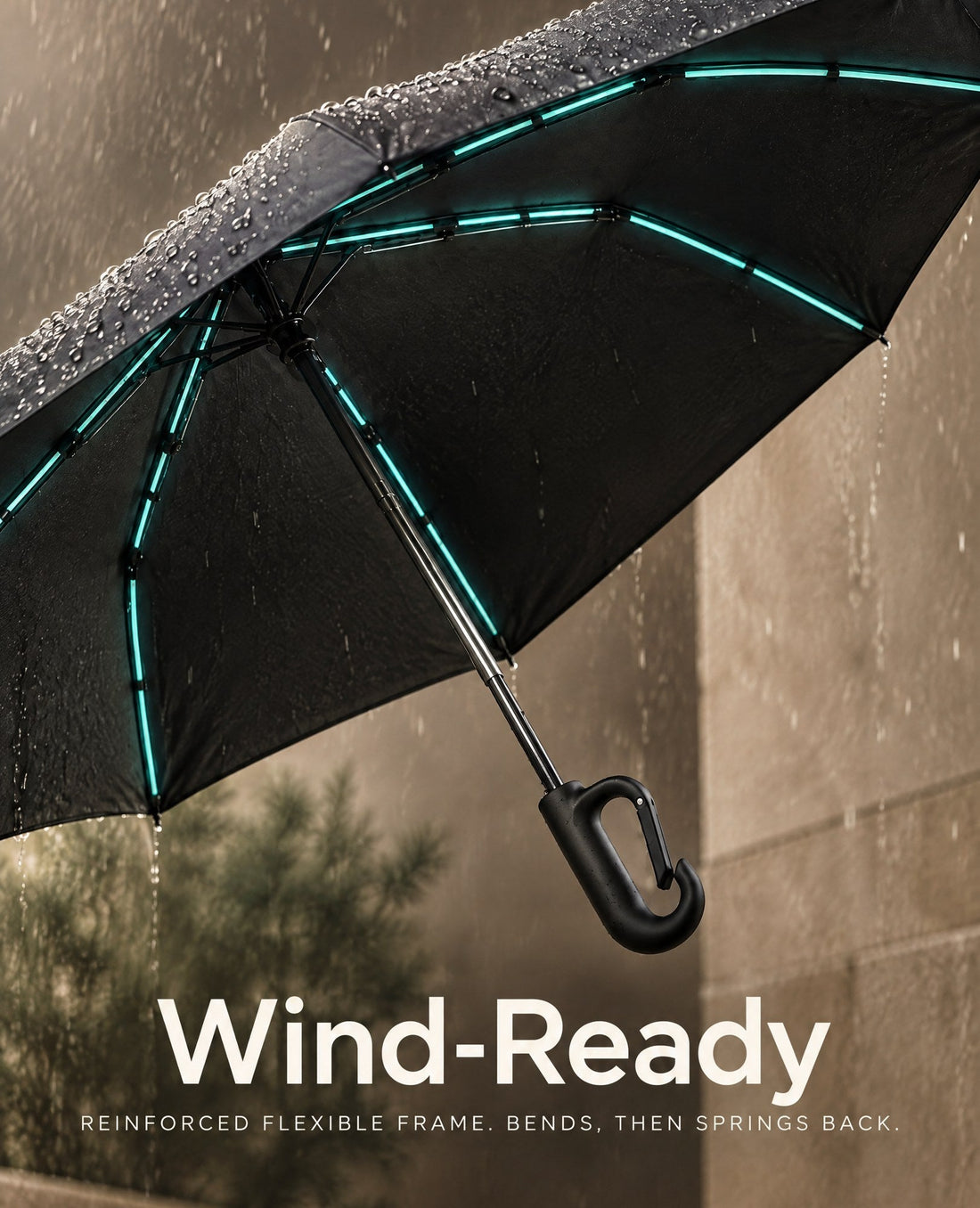 Carbon fiber ribs and frame on the Haven compact umbrella
